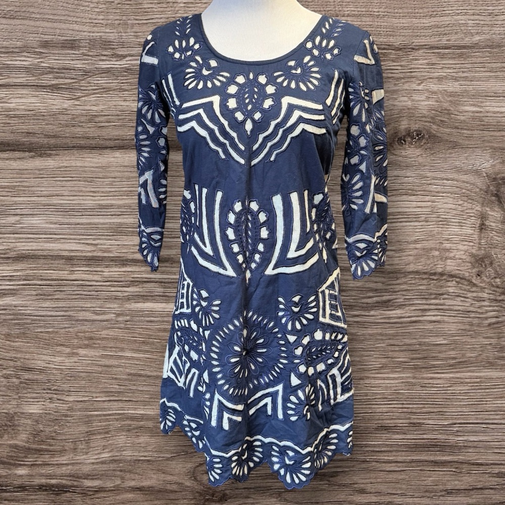 Anthropology By Kas New York Kerala Embroidered Shift Dress Navy-white /sz 3